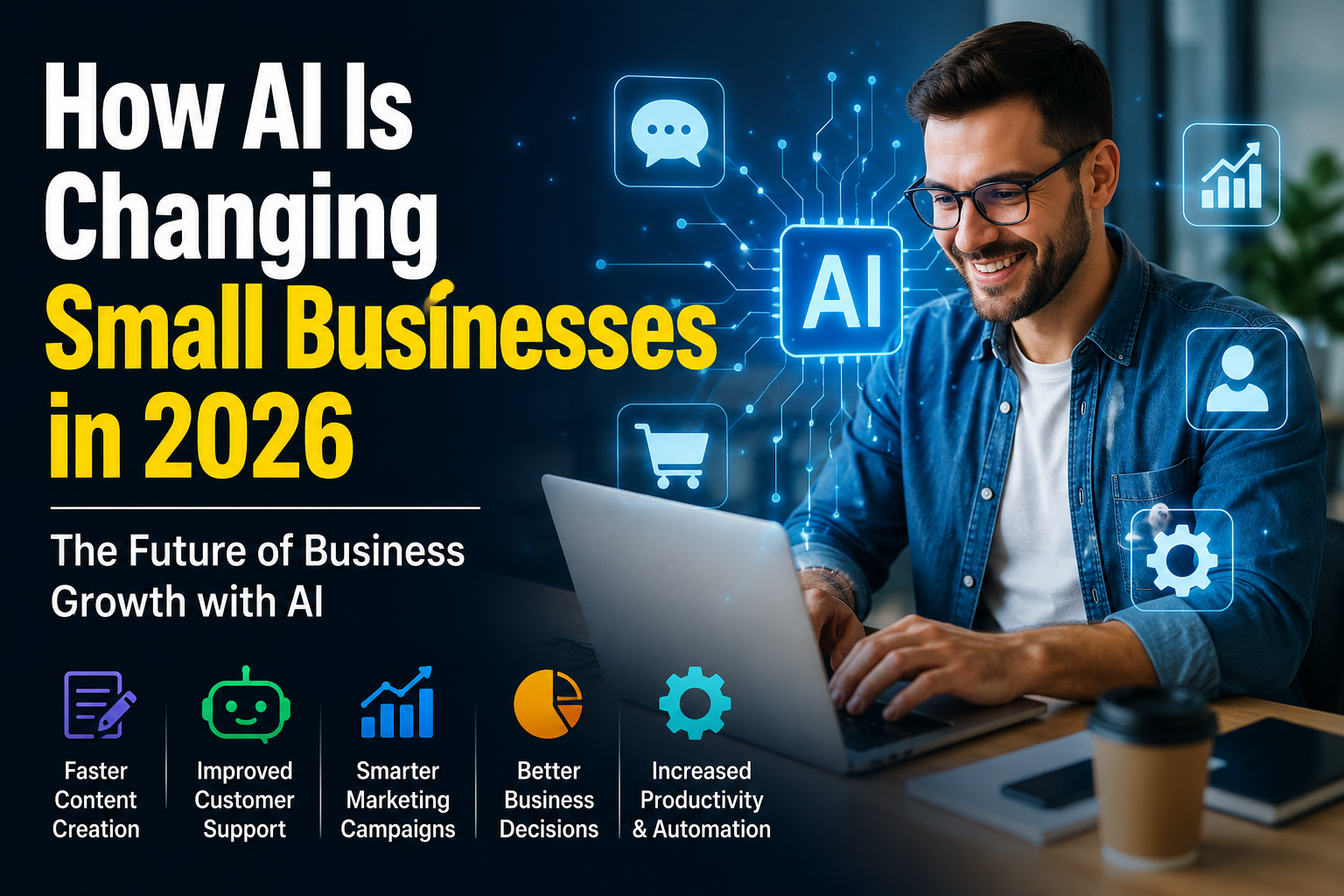 Business owner using AI tools to improve productivity, marketing, and customer support in 2026.