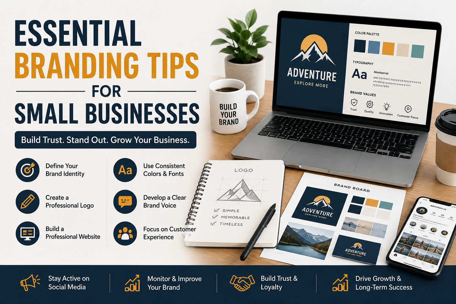 Small business owner creating a brand identity with logo, colors, and website elements